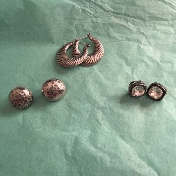 Jewelry - 3 pairs of silver tone earrings and a delicate silver chain